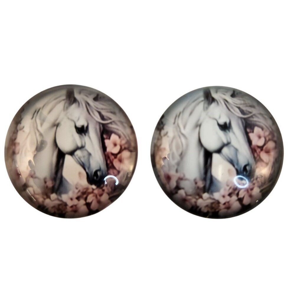 Set of 2 White Horse Glass Cabochons 1 Inch Round, Floral Dome Craft Supply for